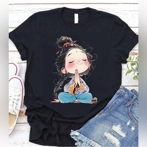 Charming White Graphic Tee with Meditative Cartoon Design Cotton New